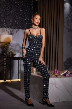 Kensli Spaghetti Rhinestone Bandage Jumpsuit