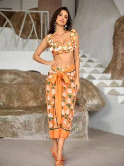 Kesia Ruffle Printed Bikini Three Piece Set