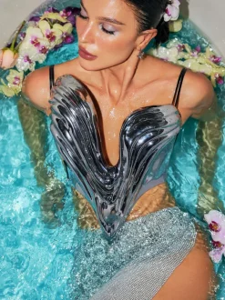 Kiaan Deep V Dapery Armor Top In Silver
