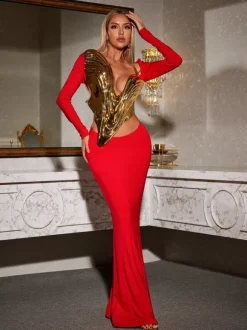 Kiaan Deep V Dapery Armor Top In Gold