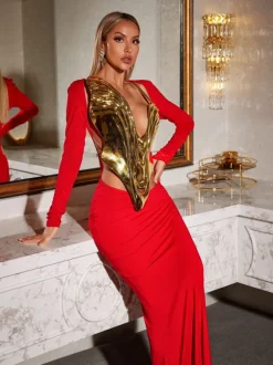 Kiaan Deep V Dapery Armor Top In Gold