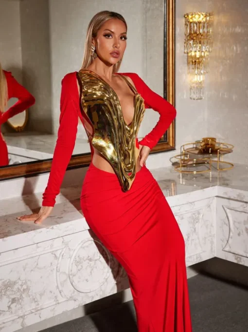 Kiaan Deep V Dapery Armor Top In Gold