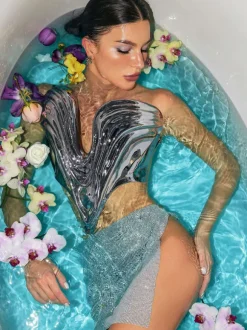 Kiaan Deep V Dapery Armor Top In Silver