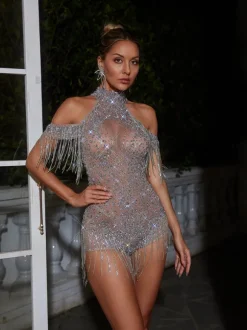 Kiah Halterneck Crystal Chain Fringe Bodysuit