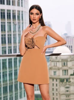 Kinsley Strapless Cutout Mini Dress In Brown