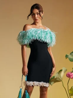 Koda Strapless Fringe Flower Bandage Mini Dress