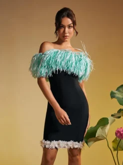 Koda Strapless Fringe Flower Bandage Mini Dress
