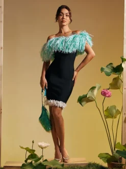 Koda Strapless Fringe Flower Bandage Mini Dress