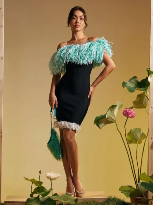 Koda Strapless Fringe Flower Bandage Mini Dress