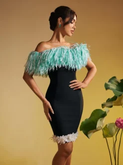 Koda Strapless Fringe Flower Bandage Mini Dress