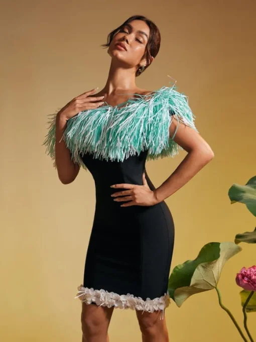 Koda Strapless Fringe Flower Bandage Mini Dress