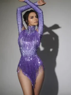 Lakendra Long Sleeve Crystal Fringe Bodysuit In Purple