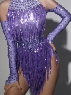Lakendra Long Sleeve Crystal Fringe Bodysuit In Purple