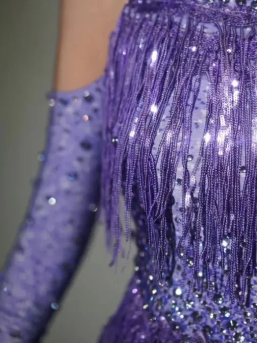 Lakendra Long Sleeve Crystal Fringe Bodysuit In Purple