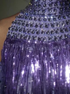 Lakendra Long Sleeve Crystal Fringe Bodysuit In Purple