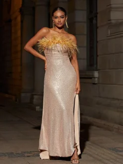 Laurell Strapless Feather Sequin Maxi Dress