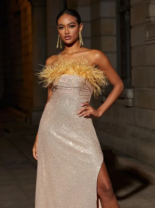 Laurell Strapless Feather Sequin Maxi Dress