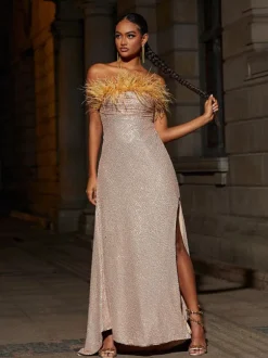 Laurell Strapless Feather Sequin Maxi Dress