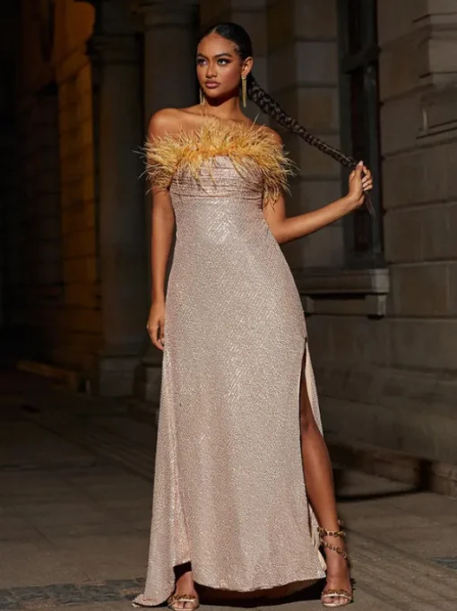 Laurell Strapless Feather Sequin Maxi Dress