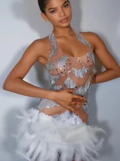Lavali Halterneck Crystal Feather Mini Dress