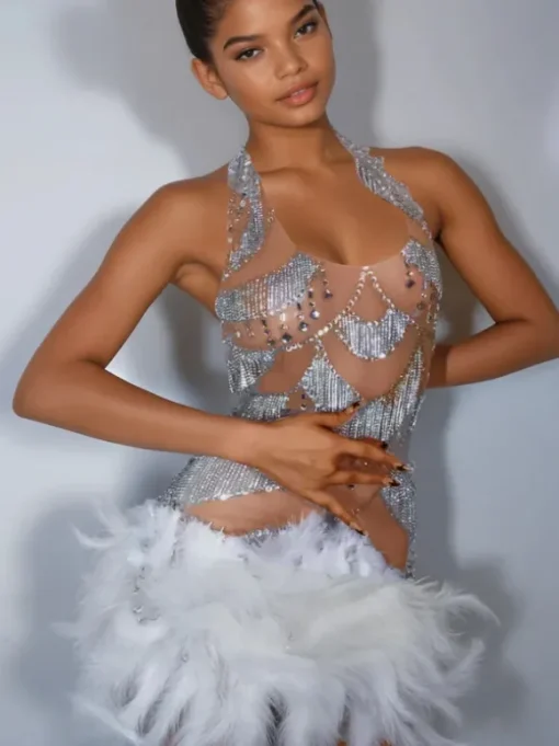 Lavali Halterneck Crystal Feather Mini Dress