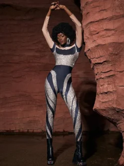 Leatrice Square Rhinestone Stripe Jumpsuit