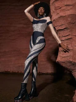 Leatrice Square Rhinestone Stripe Jumpsuit