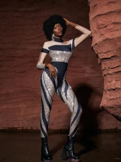 Leatrice Square Rhinestone Stripe Jumpsuit