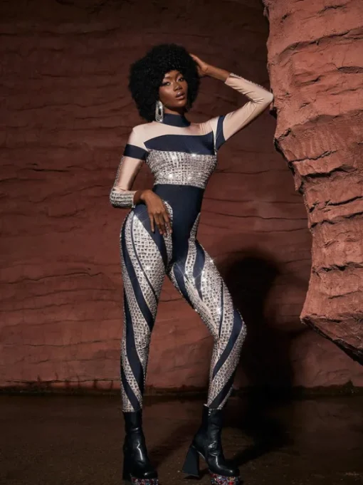 Leatrice Square Rhinestone Stripe Jumpsuit