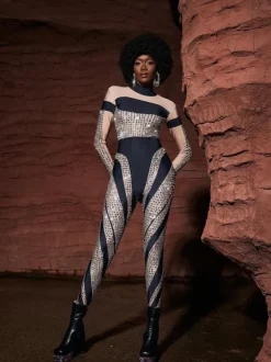 Leatrice Square Rhinestone Stripe Jumpsuit