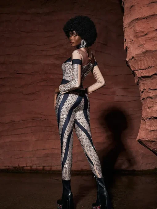 Leatrice Square Rhinestone Stripe Jumpsuit