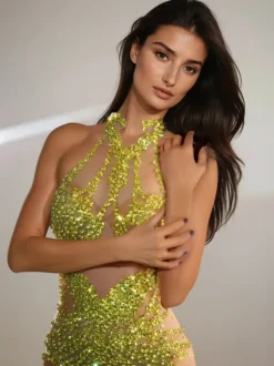 Lexiss Halterneck Rhinestone Mini Dress In Yellow