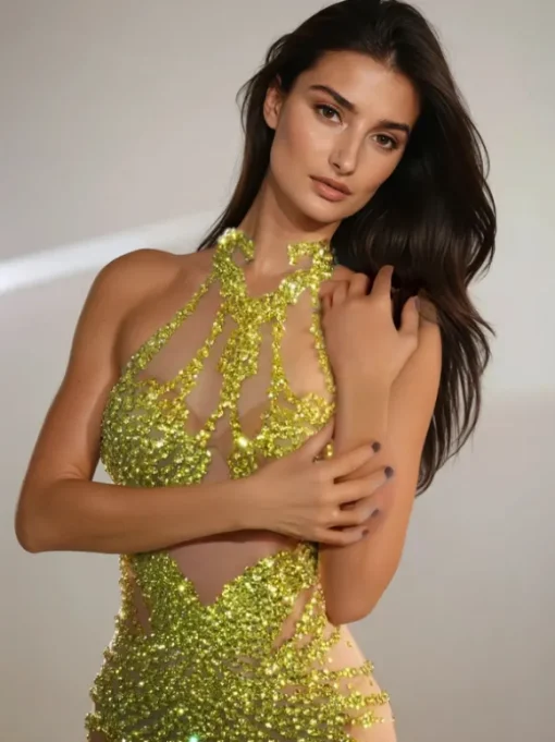 Lexiss Halterneck Rhinestone Mini Dress In Yellow