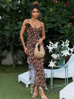 Leylani Flower Ruffle Leopard Printed Midi Dress
