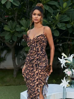 Leylani Flower Ruffle Leopard Printed Midi Dress