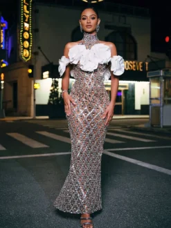 Liora Flower Sequin Crystal Maxi Dress
