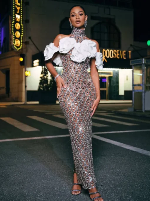 Liora Flower Sequin Crystal Maxi Dress