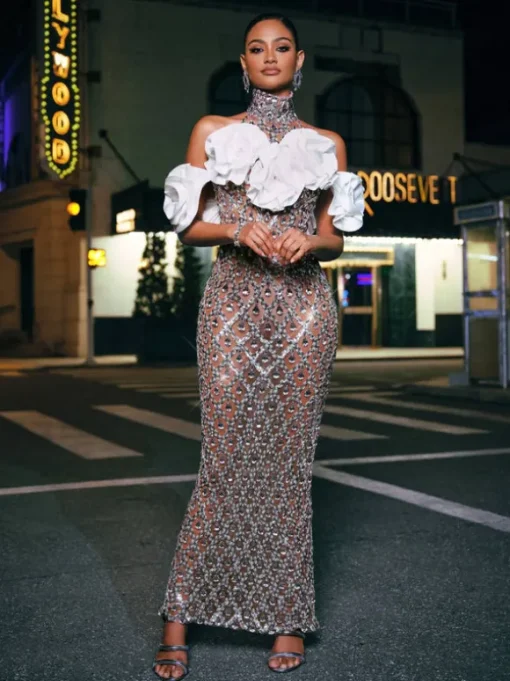 Liora Flower Sequin Crystal Maxi Dress