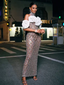 Liora Flower Sequin Crystal Maxi Dress