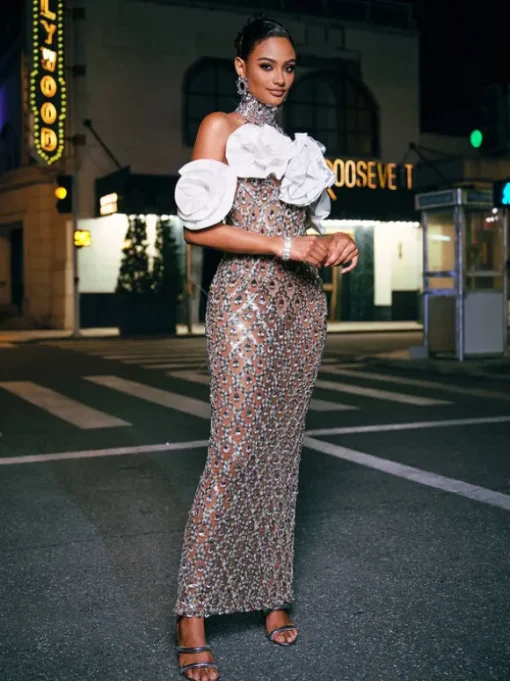 Liora Flower Sequin Crystal Maxi Dress