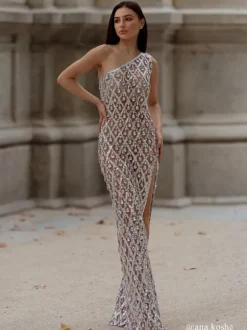 Liora One Shoulder Sequin Crystal Maxi Dress