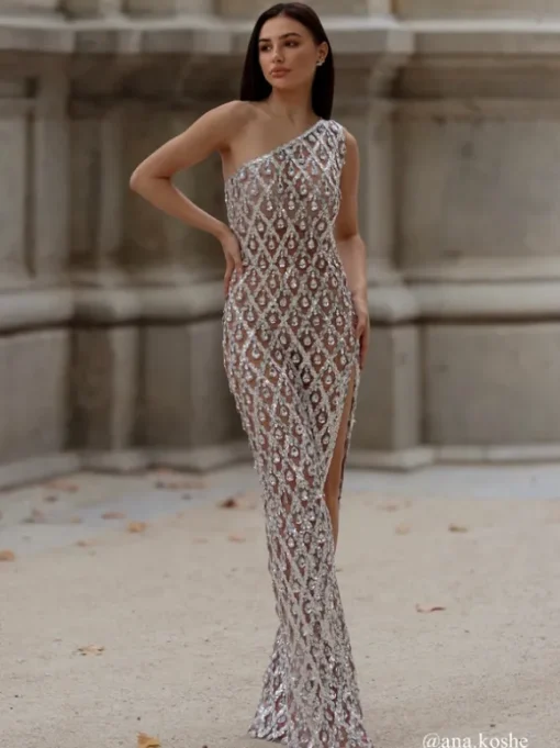 Liora One Shoulder Sequin Crystal Maxi Dress