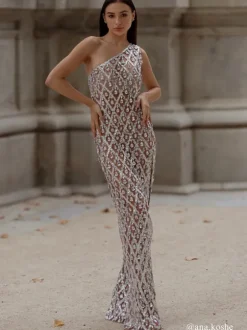 Liora One Shoulder Sequin Crystal Maxi Dress