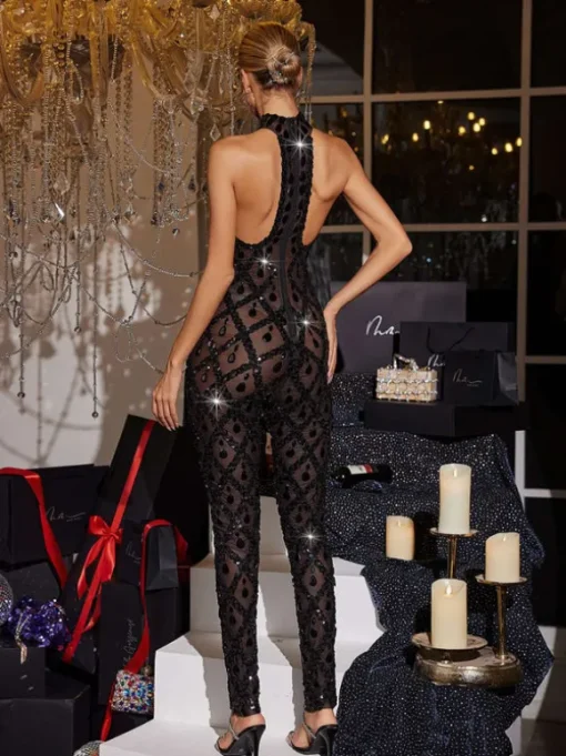Liora Sequin Crystal Jumpsuit In Black
