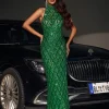 Liora Sequin Crystal Maxi Dress In Green