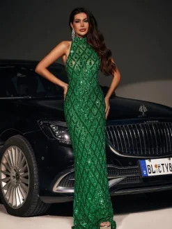 Liora Sequin Crystal Maxi Dress In Green