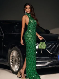 Liora Sequin Crystal Maxi Dress In Green