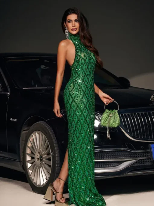 Liora Sequin Crystal Maxi Dress In Green