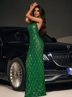 Liora Sequin Crystal Maxi Dress In Green