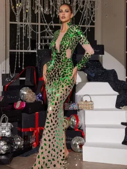 Livine Acrylic Embellished Mesh Maxi Dress
